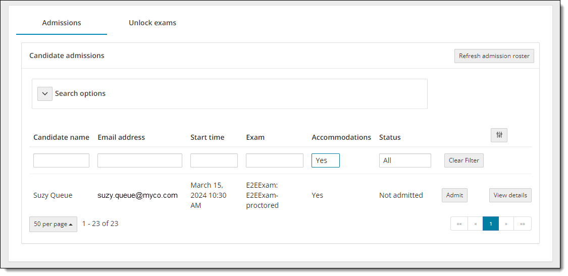 Admissions list filtered by the accommodations field.